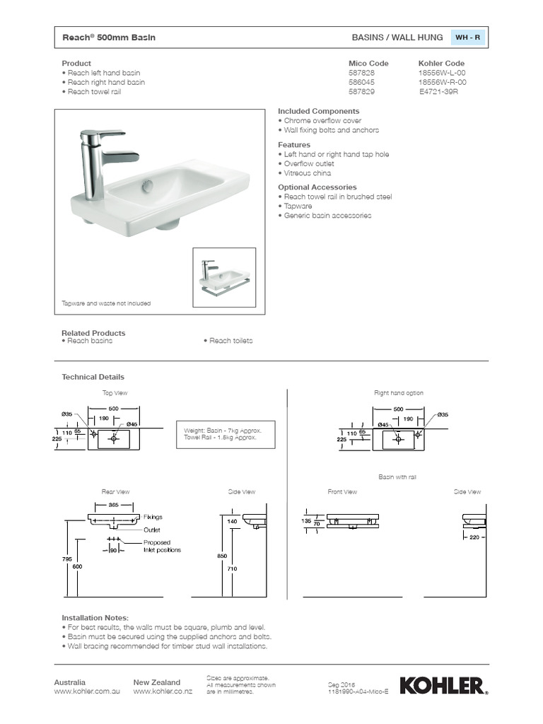 Kohler 18556 WL 00 Tds | PDF