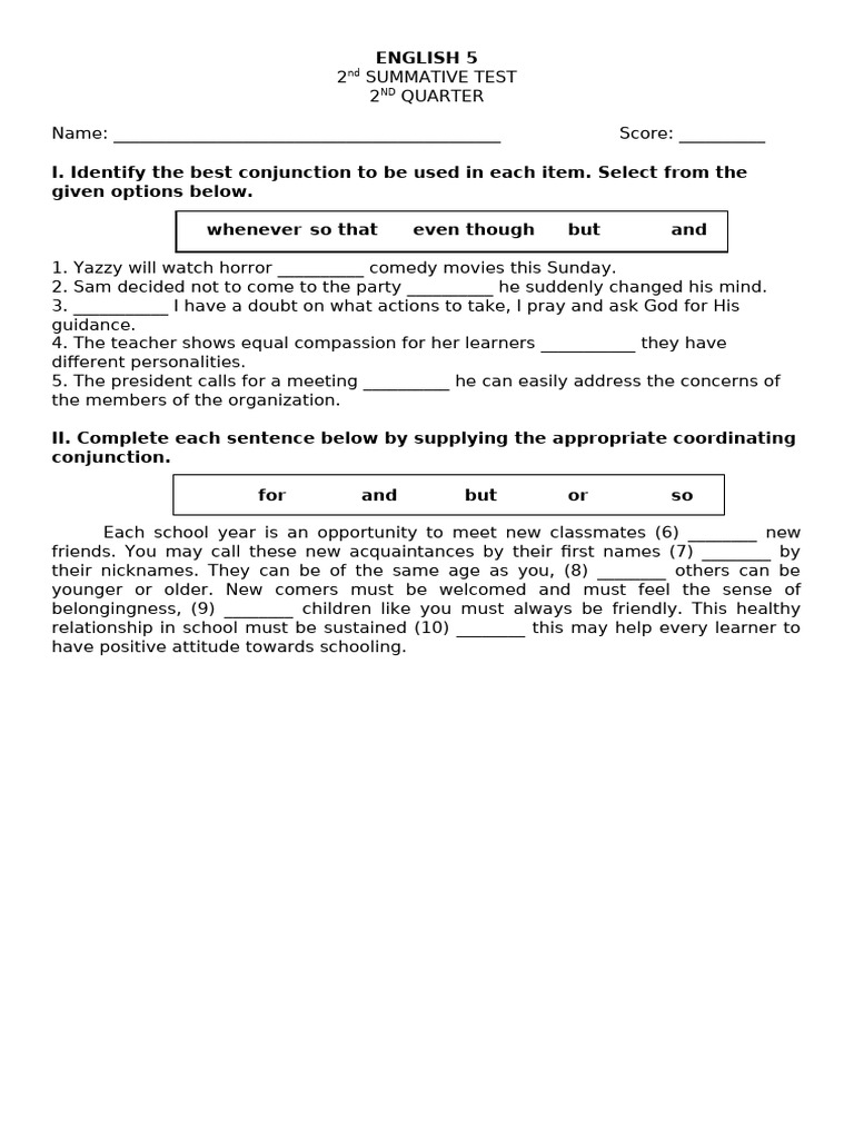 Conjunctions Practice Test for Students | PDF