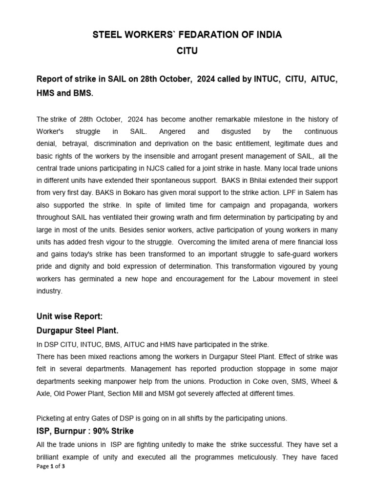 SAIL Strike Report - 28th October 2024 | PDF | Strike Action