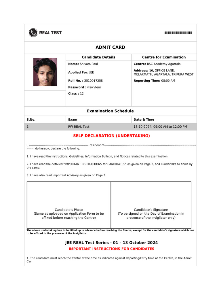 JEE Admit Card and Exam Instructions | PDF | Identity Document