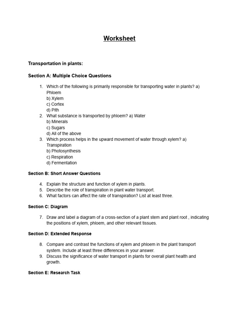 Worksheet on transportation in plants pdf leaf root