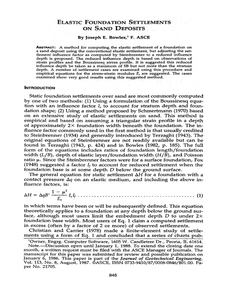 1987 - Elastic Foundation Settlements On Sand Deposits - Bowles | PDF ...