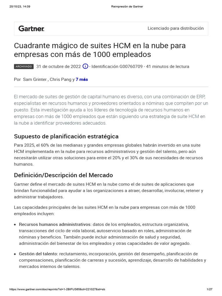 Gartner Magic Quadrant For Cloud HCM Suites (Español) PDF