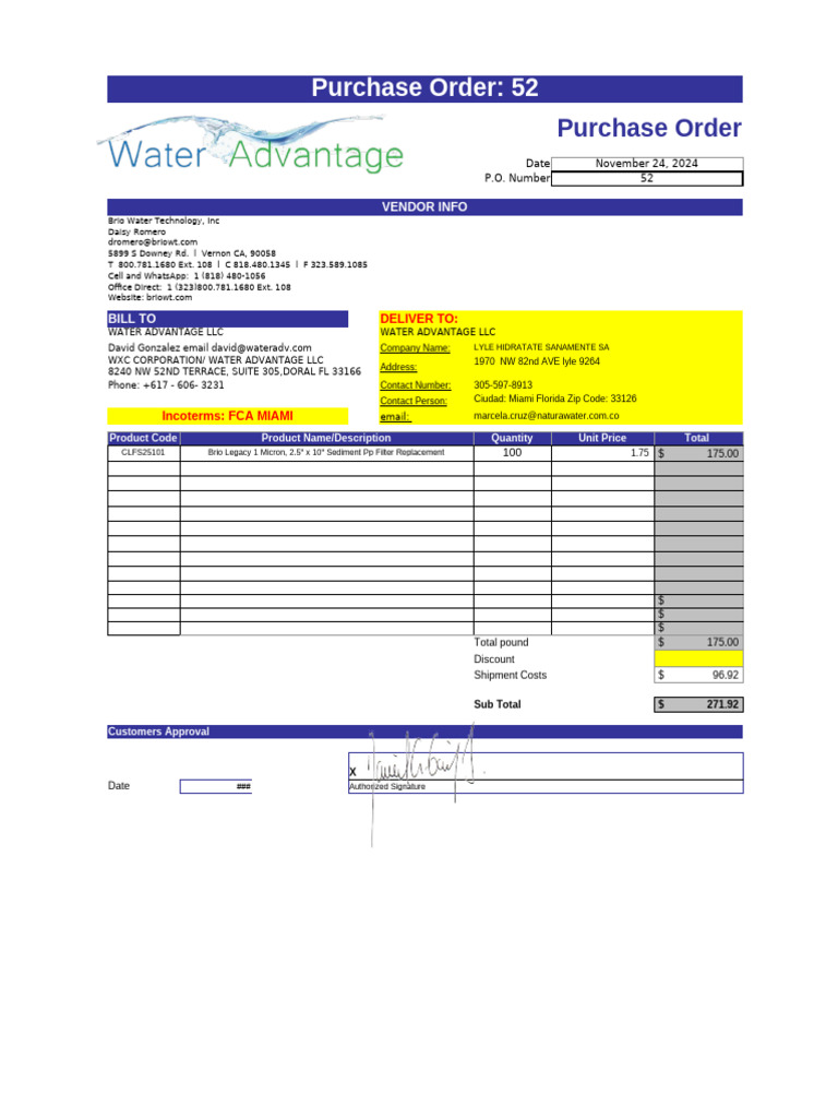 Purchase Order 52: Brio Water Products | PDF | Valve | Tap (Valve)