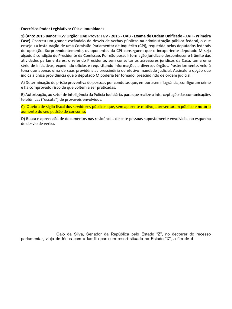 Exercícios sobre CPIs e Imunidades Parlamentares | PDF | Imunidade ...