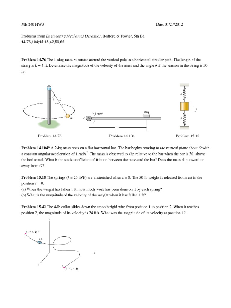 Dynamics Homework Problems ME 240 | PDF | Velocity | Friction