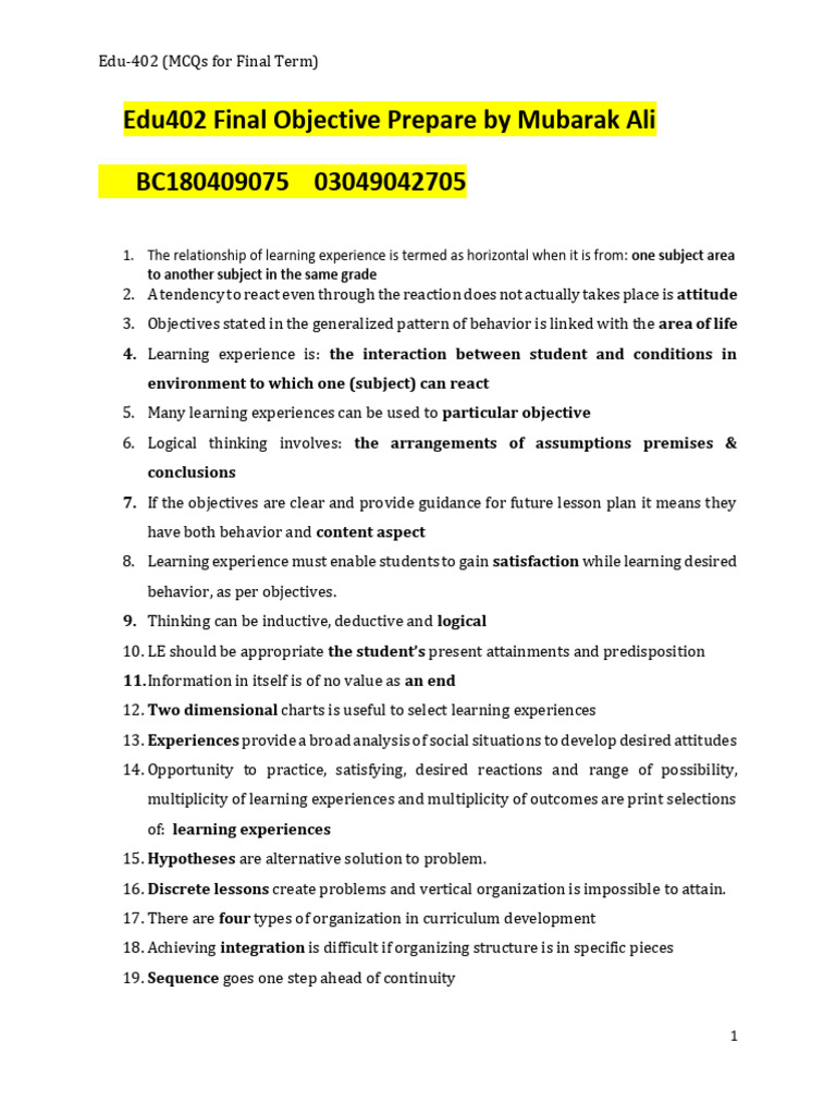 Edu402 Objectives For Finals | PDF | Curriculum | Experience