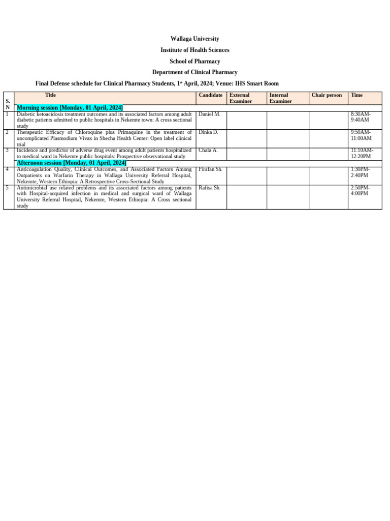 Clinical Pharmacy Final Defense Schedule | PDF | Hospital | Diseases ...