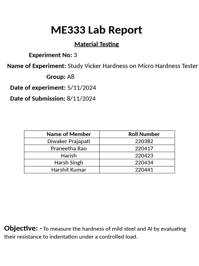 Microhardness Testing of Mild Steel & Aluminum | PDF | Mechanical ...