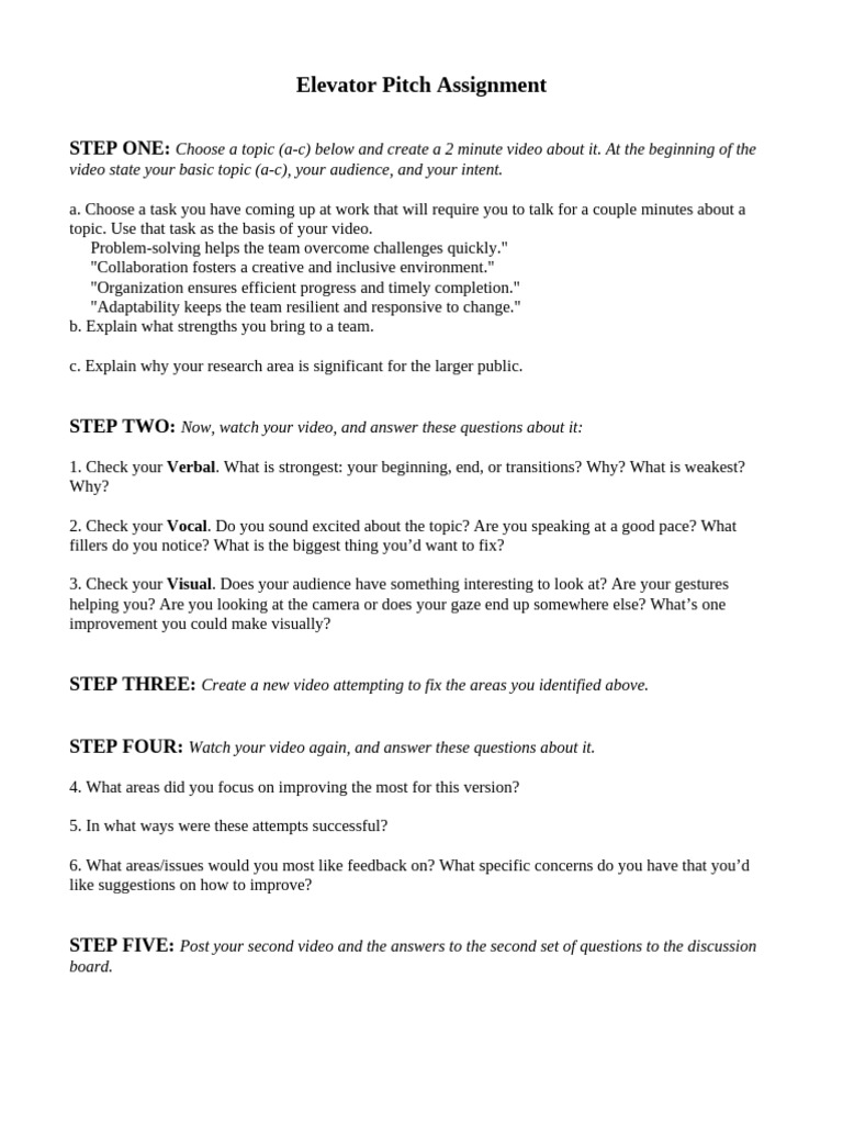 Elevator Pitch Assignment Pdf