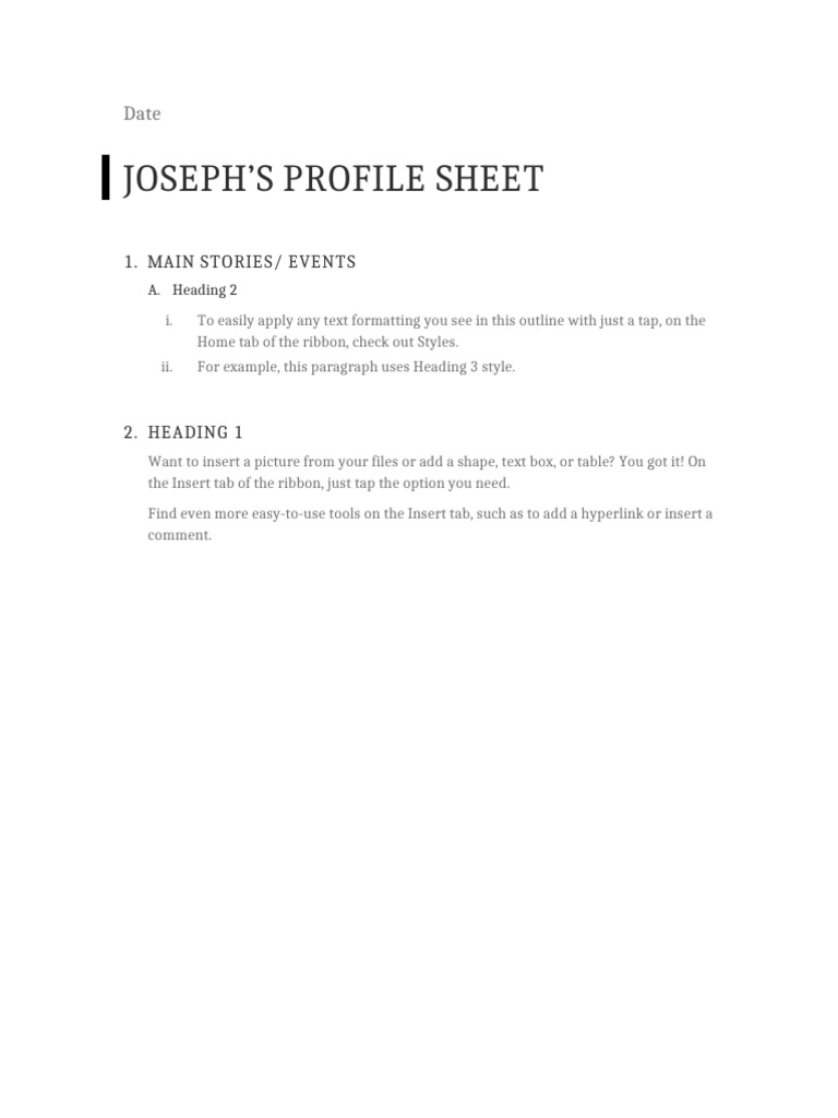 Joseph'S Profile Sheet: 1. Main Stories/ Events | PDF | Art