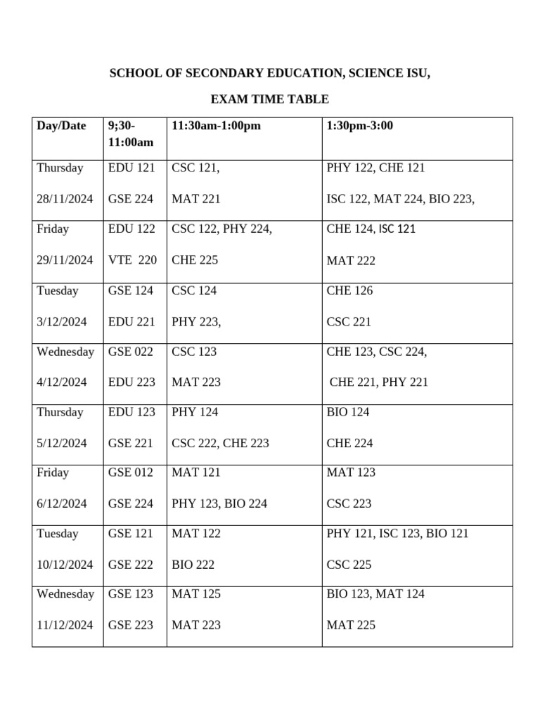 Secondary Education Exam Schedule | PDF