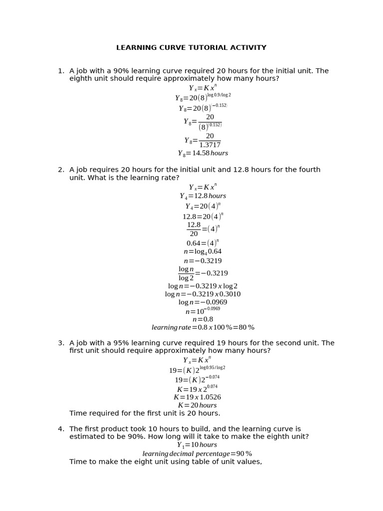 Learning Curve Tutorial Activity Pdf Economics