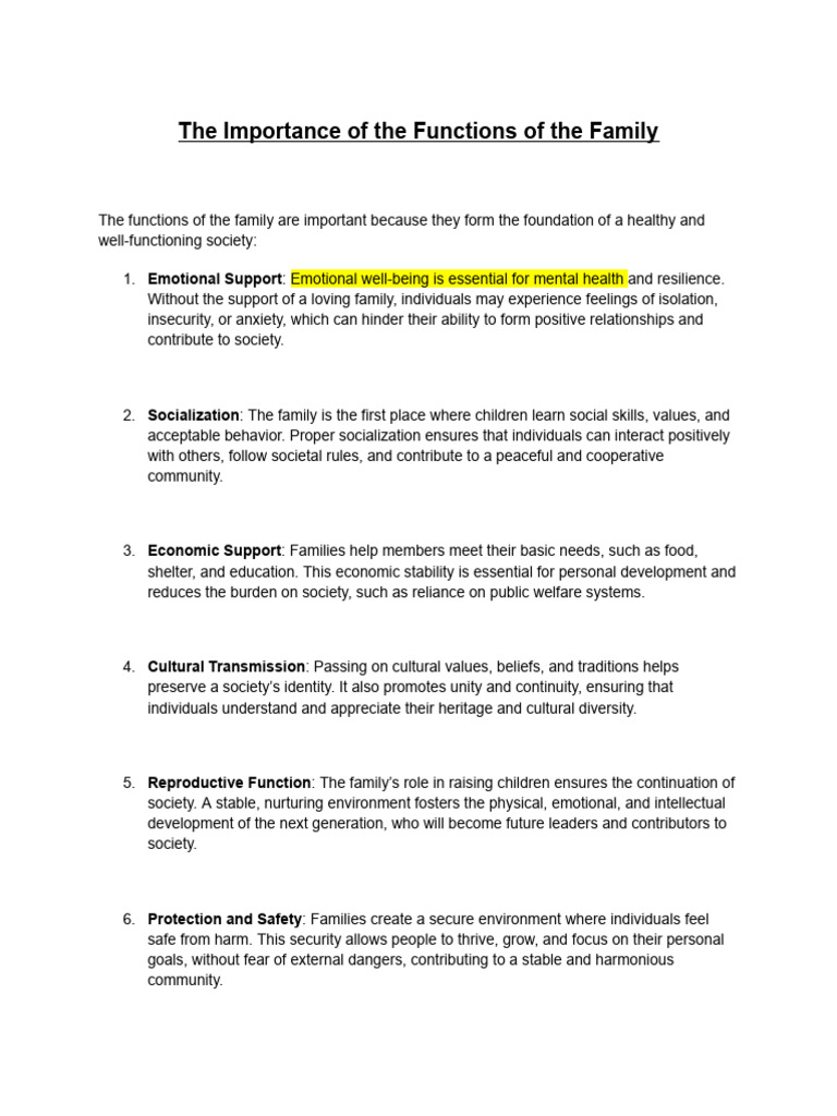 The Importance of The Functions of The Family. | PDF