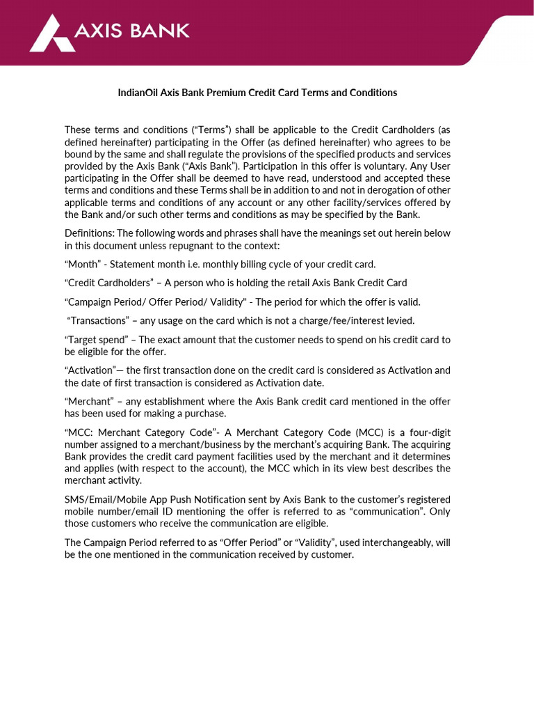 Terms and Conditions For Indianoil Axis Bank Premium Credit Card | PDF ...