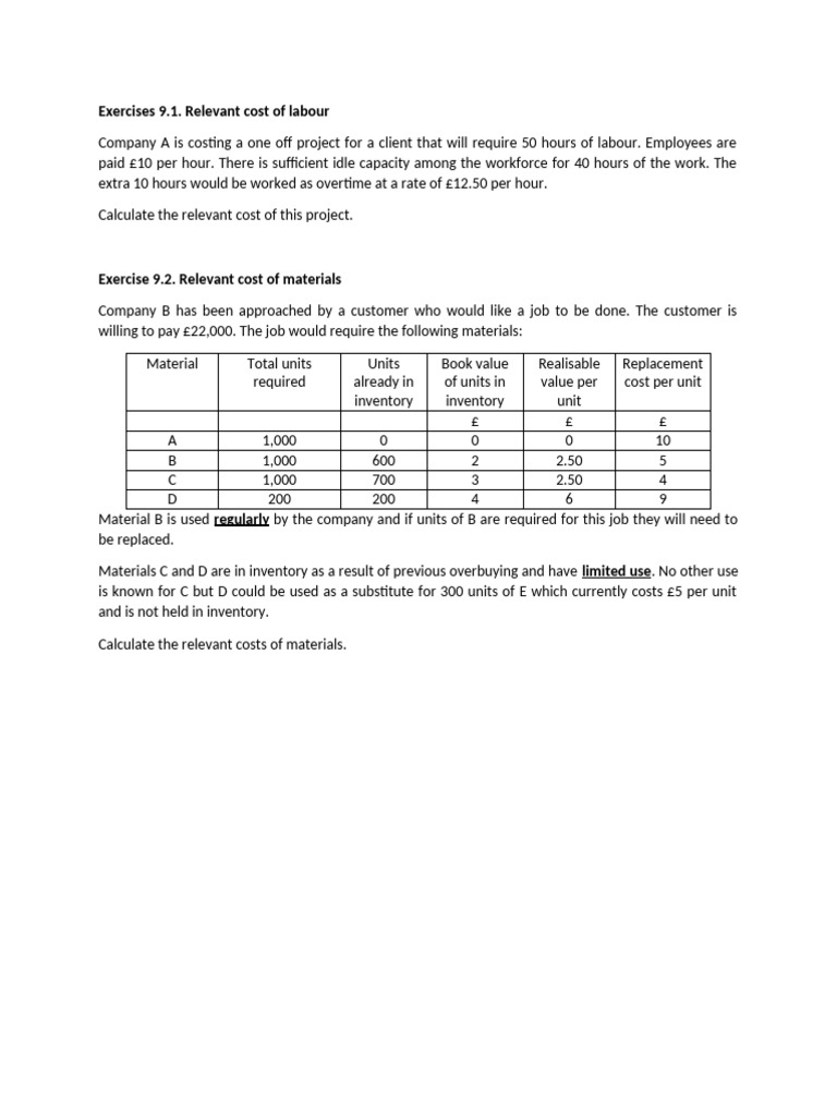 Relevant Costing Exercises for Projects | PDF | Cost | Interest
