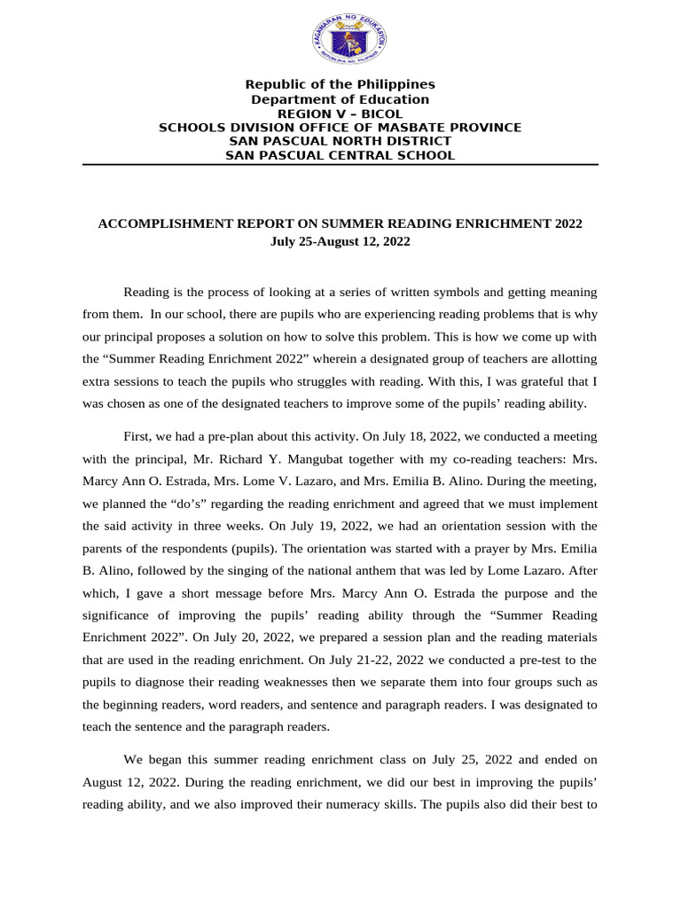 Summer Reading Enrichment 2022 Report | PDF | Applied Linguistics ...