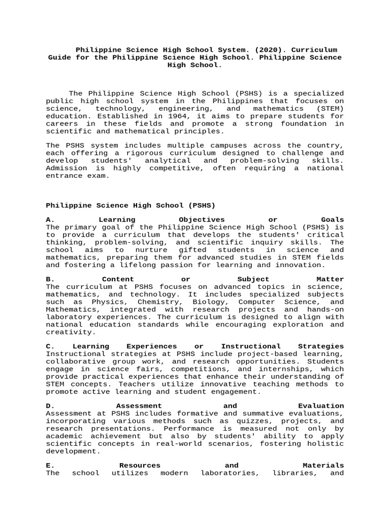 PSHS Curriculum Overview 2025 | PDF | Science | Science, Technology ...