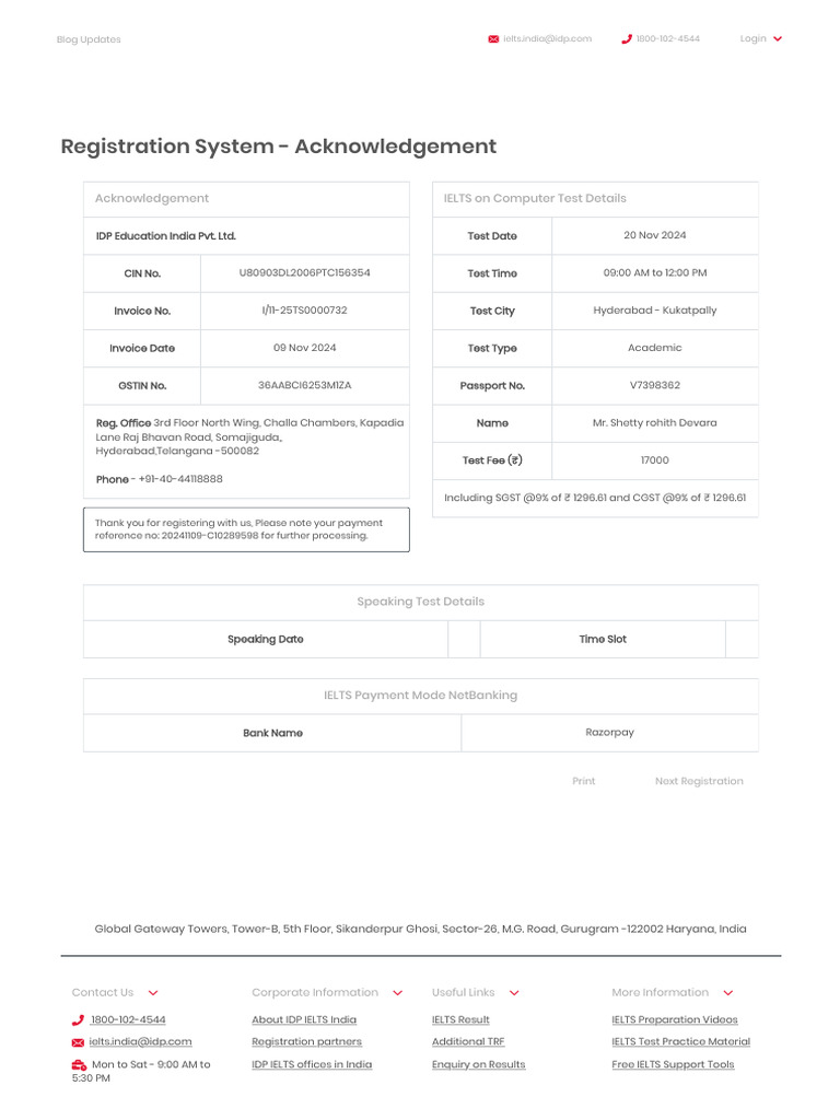 IELTS Registration Acknowledgement | PDF | International English ...