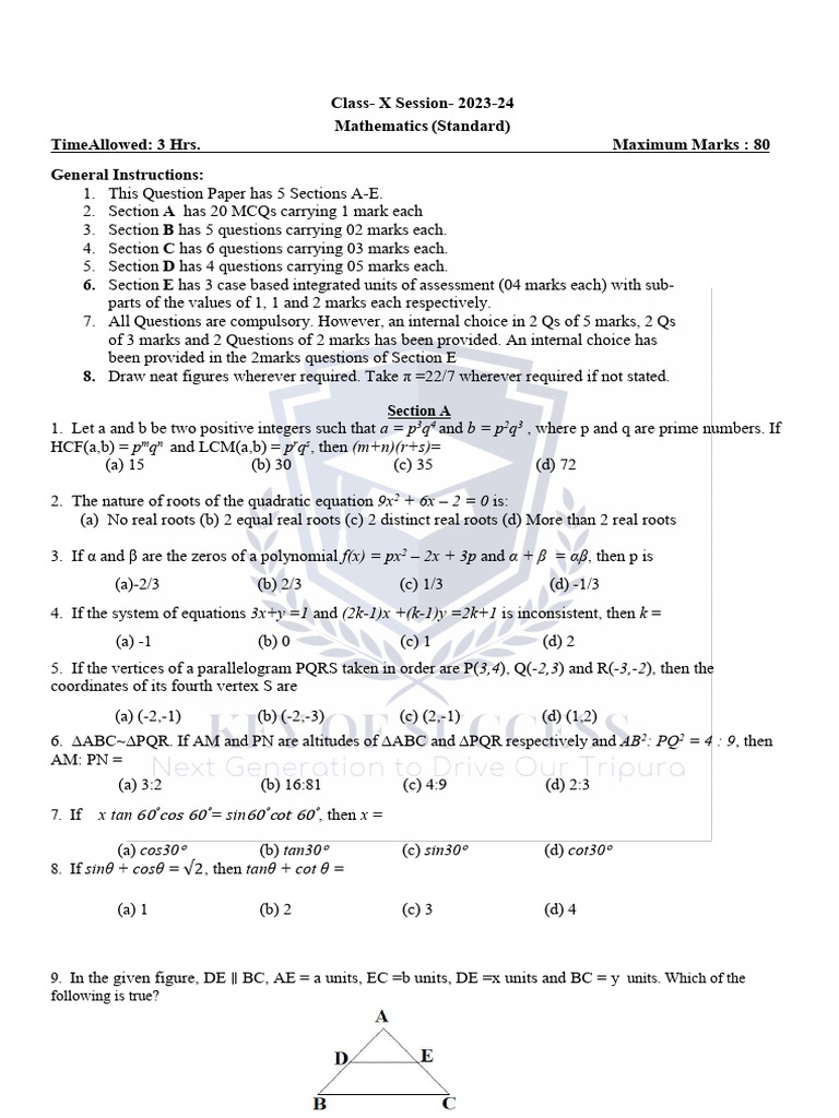 Model Exam I Class 10 Standard CBSE | PDF | Geometry | Classical Geometry