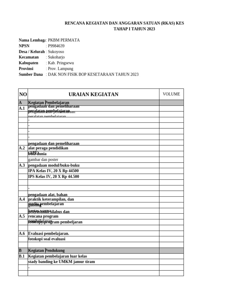 RKAS Kesetaraan PKBM Permata 2023 | PDF