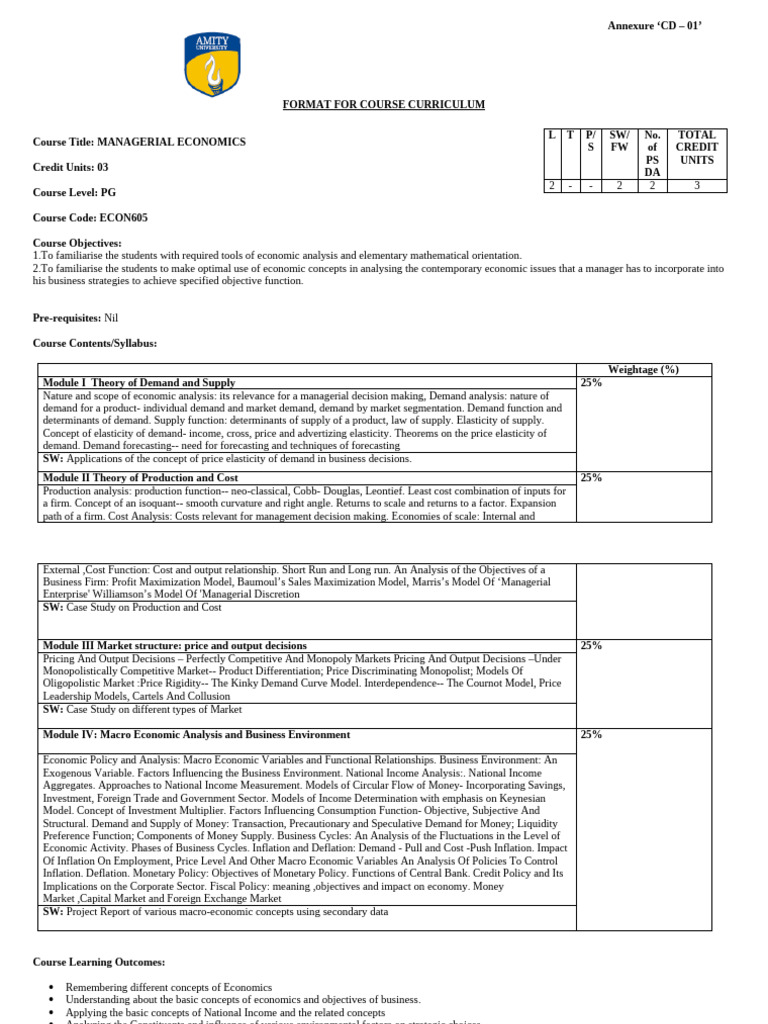 Managerial Economics Course Curriculum | PDF | Macroeconomics | Inflation