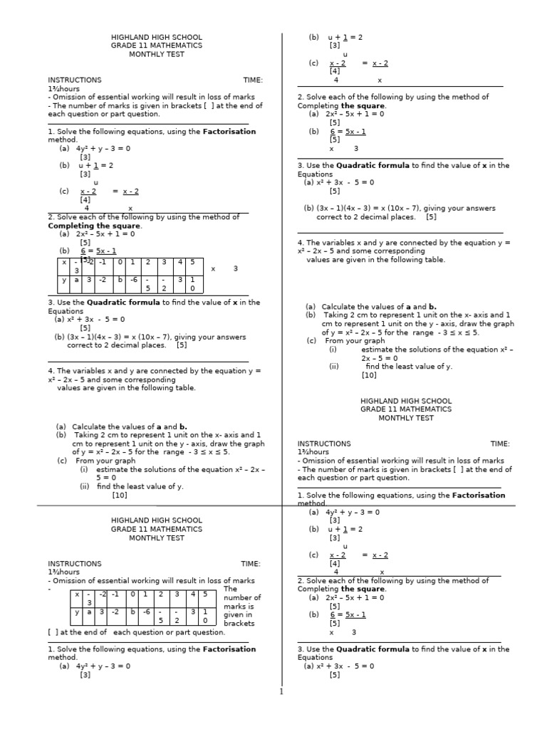 2010 - Grade 11 End of Topic Maths Test | PDF | Quadratic Equation ...