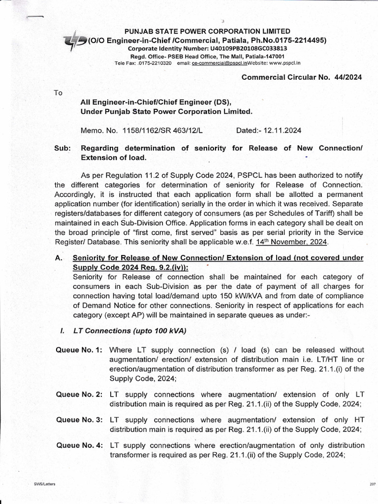 PSPCL Seniority Guidelines for Connections | PDF | Power Engineering
