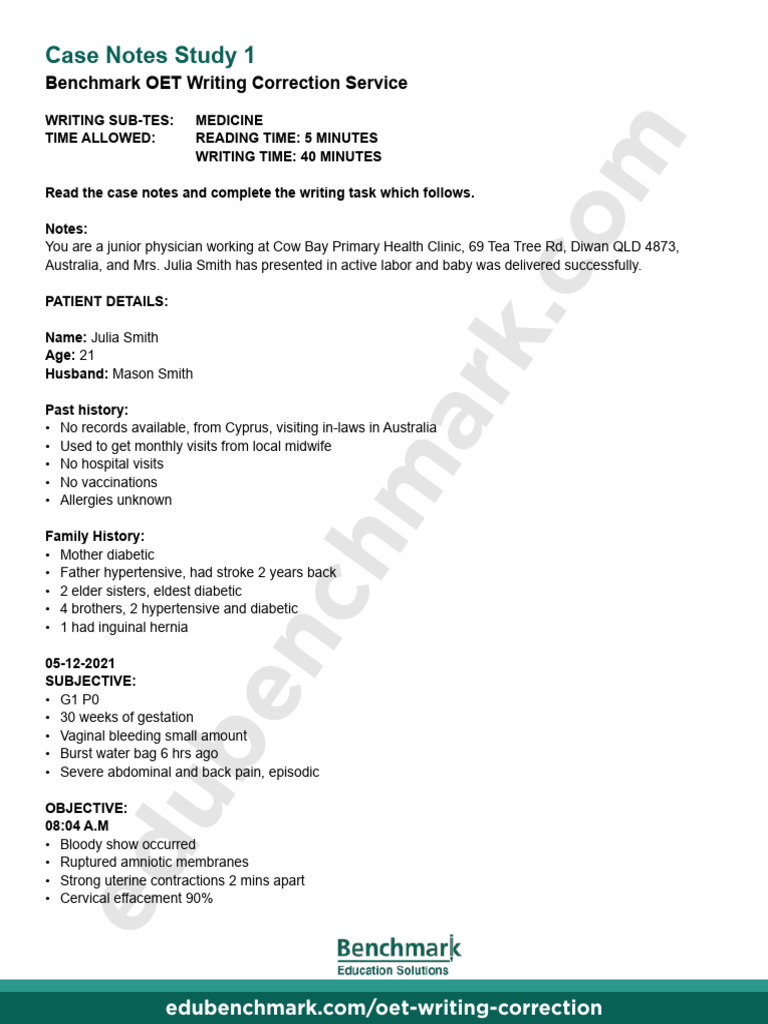 OET Writing Case Notes for Doctors | PDF | Childbirth | Obsessive ...