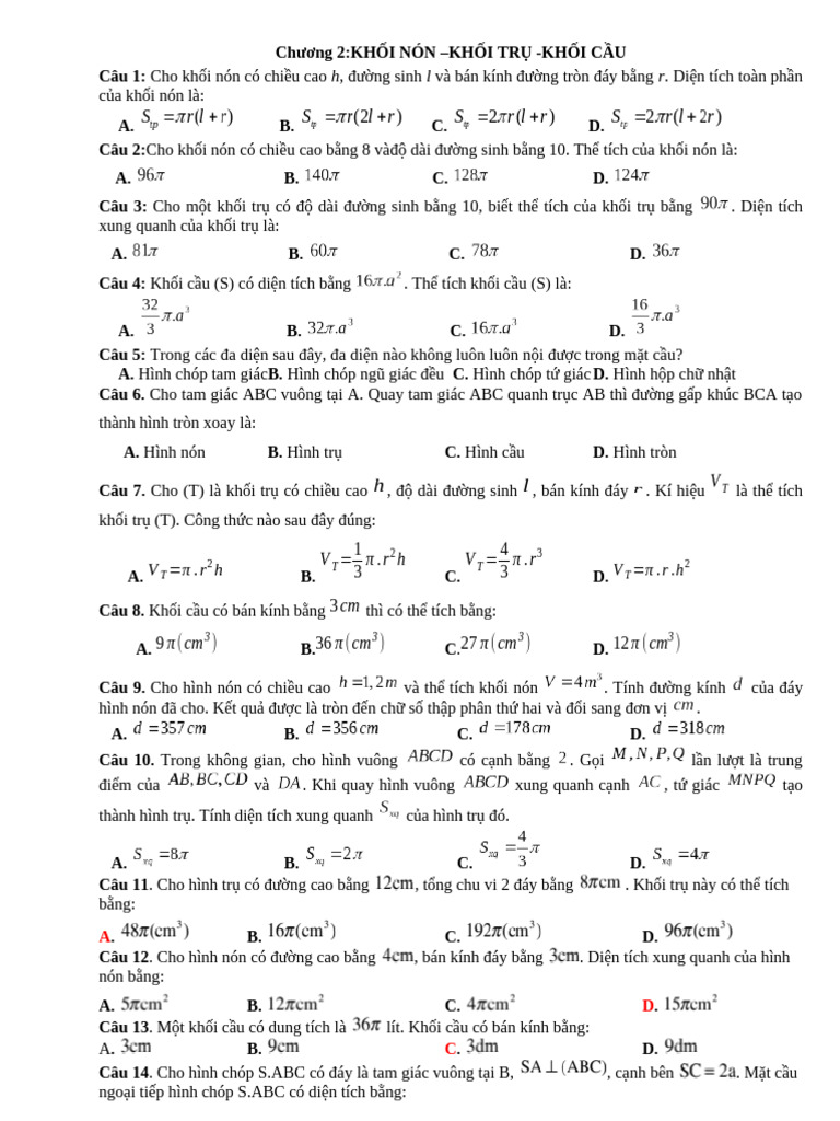 On Tap Thi Hoc Ki I Hinh Hoc 12 | PDF