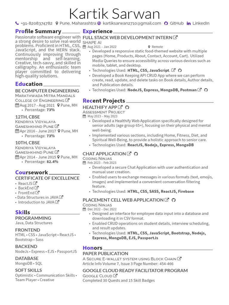 Software Engineer Profile: Kartik Sarwan | PDF | Bootstrap (Front End ...