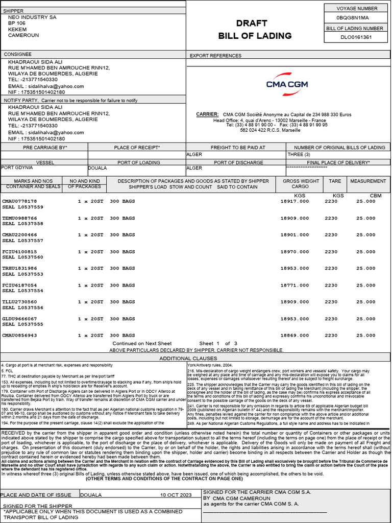 Bill of Lading for Coffee Shipment | PDF | Bill Of Lading | Cargo