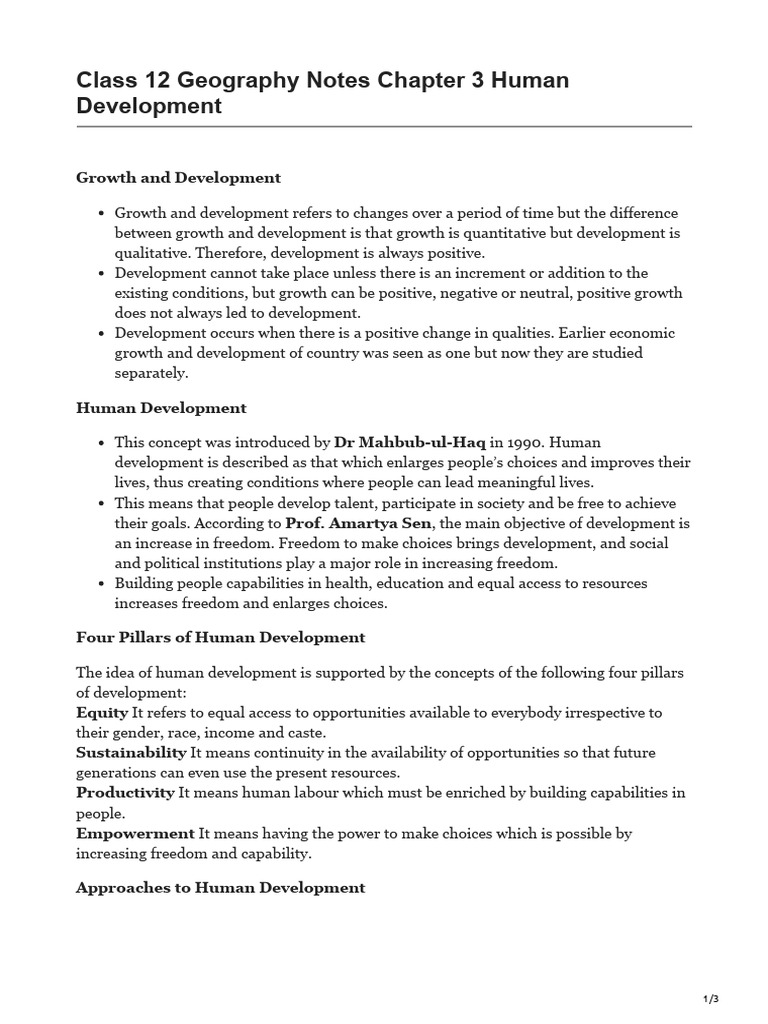 Class 12 Geography: Human Development Notes | PDF | Human Development ...