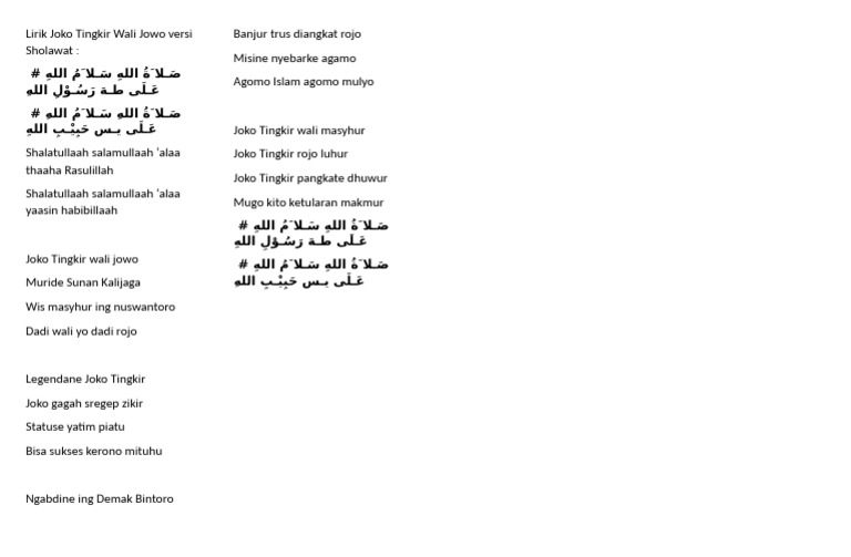 Lirik Joko Tingkir Wali Jowo Versi Sholawat | PDF