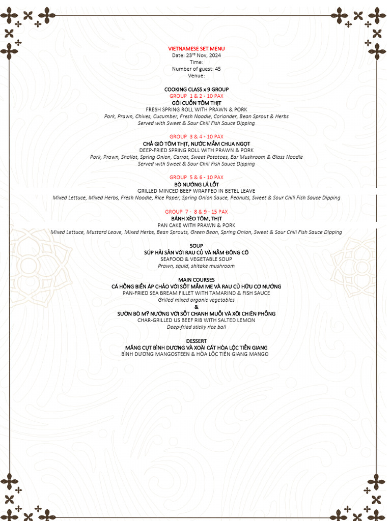 Cooking Class & Set Menu For Group Canada On 23 Nov 2024 | PDF ...