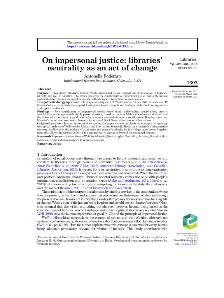 On Impersonal Justice - Libraries' Neutrality As An Act of Change | PDF ...