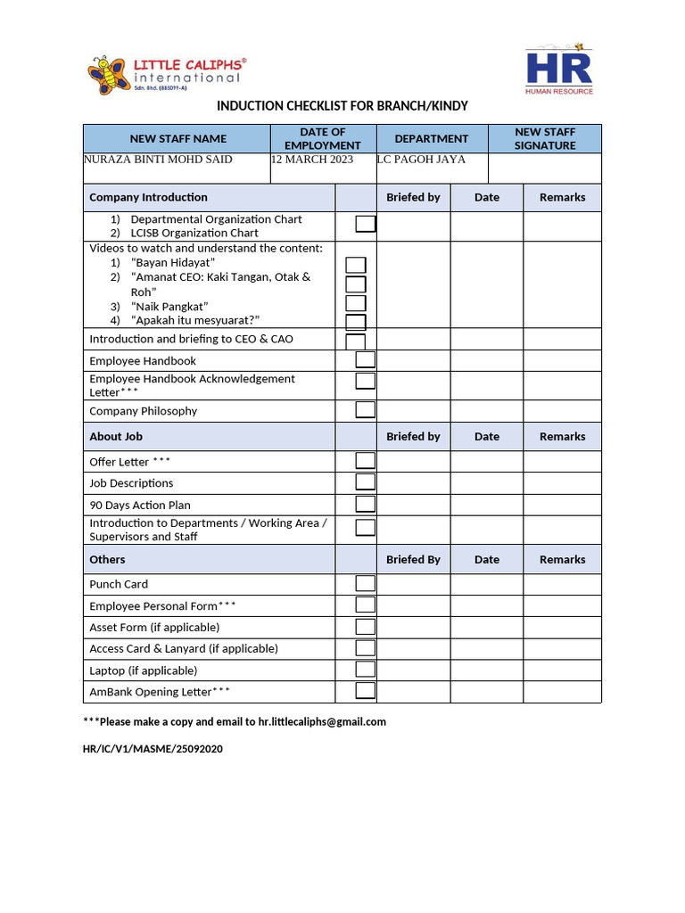 Induction Checklist for New Staff | PDF | Business
