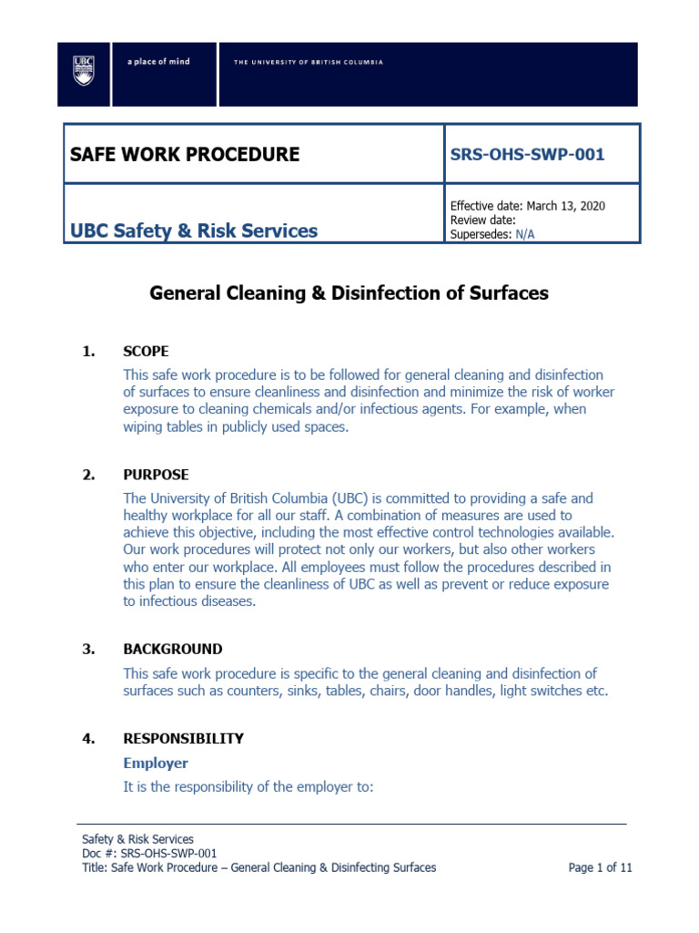 Safe Work Procedure for Cleaning Surfaces | PDF | Personal Protective ...