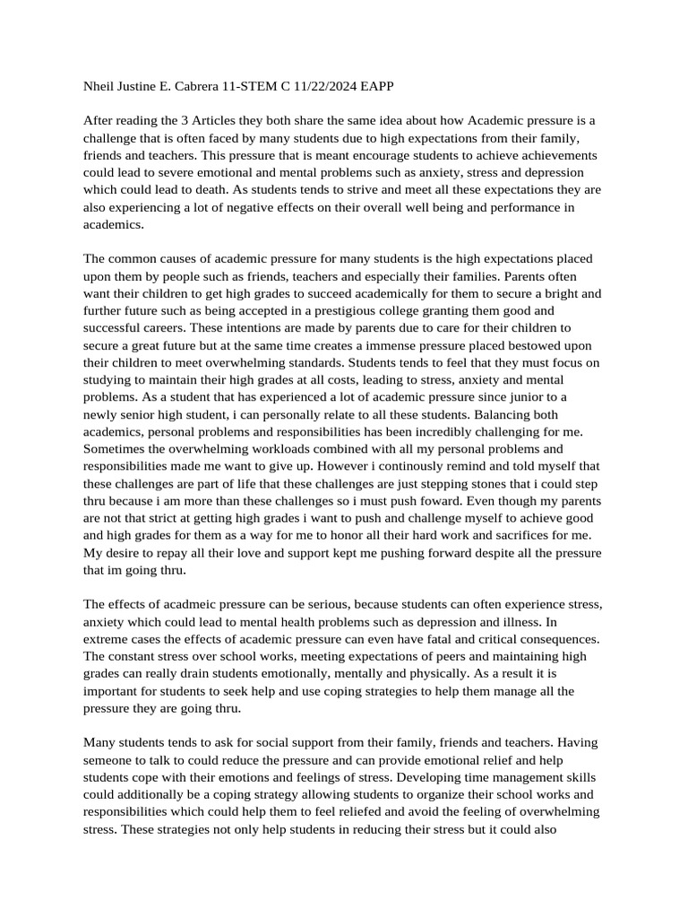 Nheil Cabrera Academic Pressure Reaction Paper | PDF | Stress (Biology ...