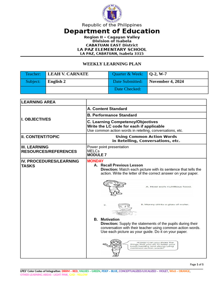 Weekly Learning Plan for English 2 | PDF