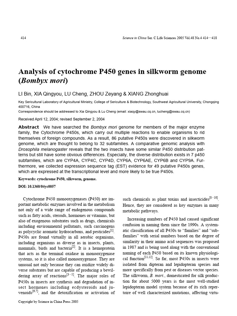 Analysis of Cytochrome P450 Genes in Silkworm Genome (Bombyx Mori ...