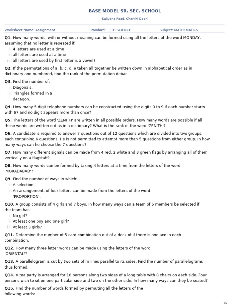 11th Grade Math Assignment Worksheet | PDF | Language Arts & Discipline