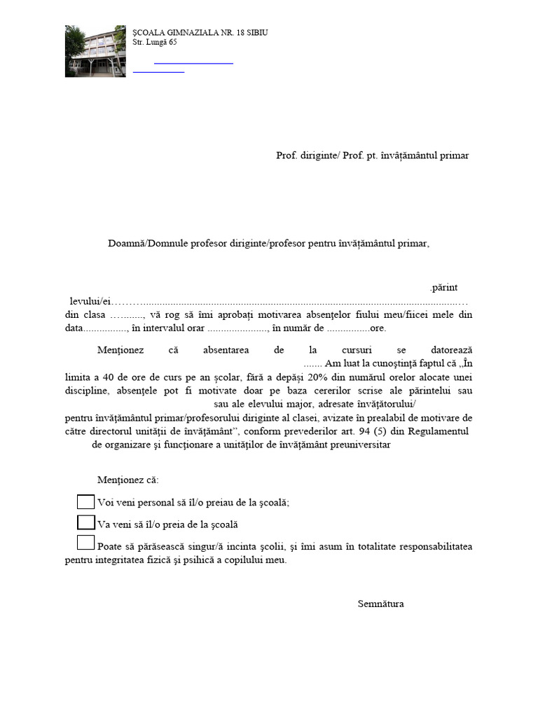 Cerere de Învoire Elev | PDF