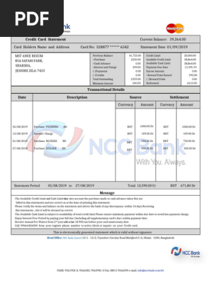 Ediable Bank Statement NCC BANK Mastercard Word