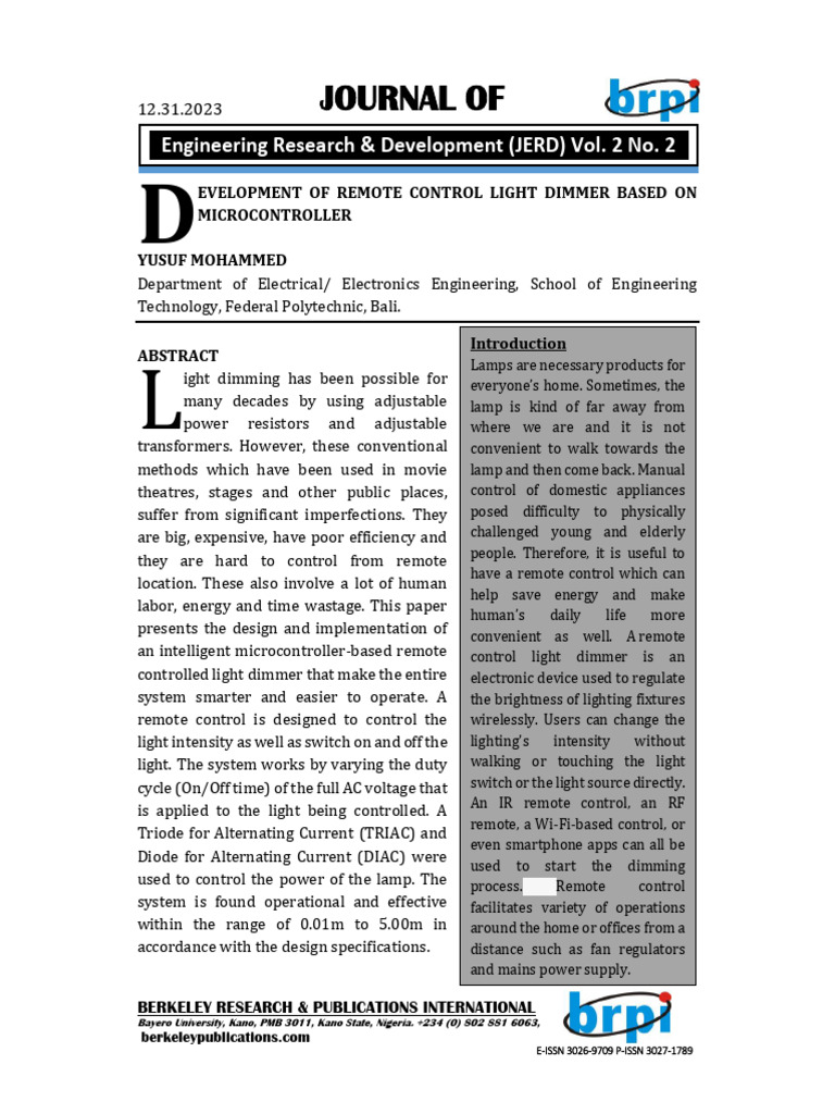 Development of remote control light dimmer based on microcontroller