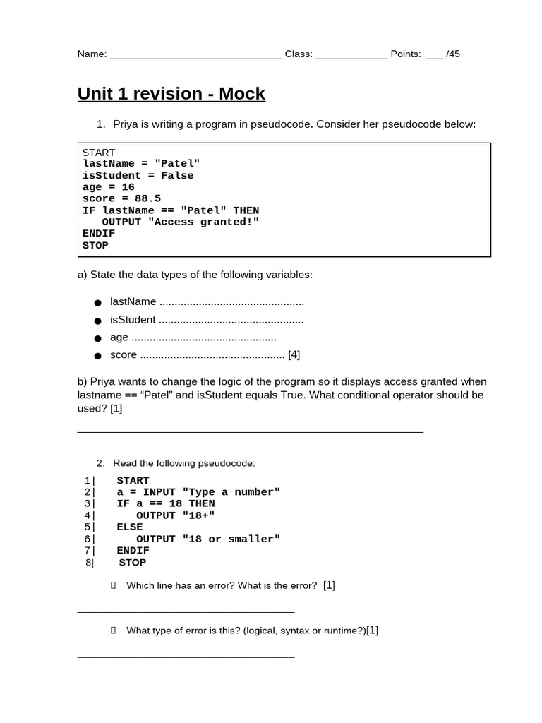 Pseudocode Programming Concepts Review | PDF | Variable (Computer ...
