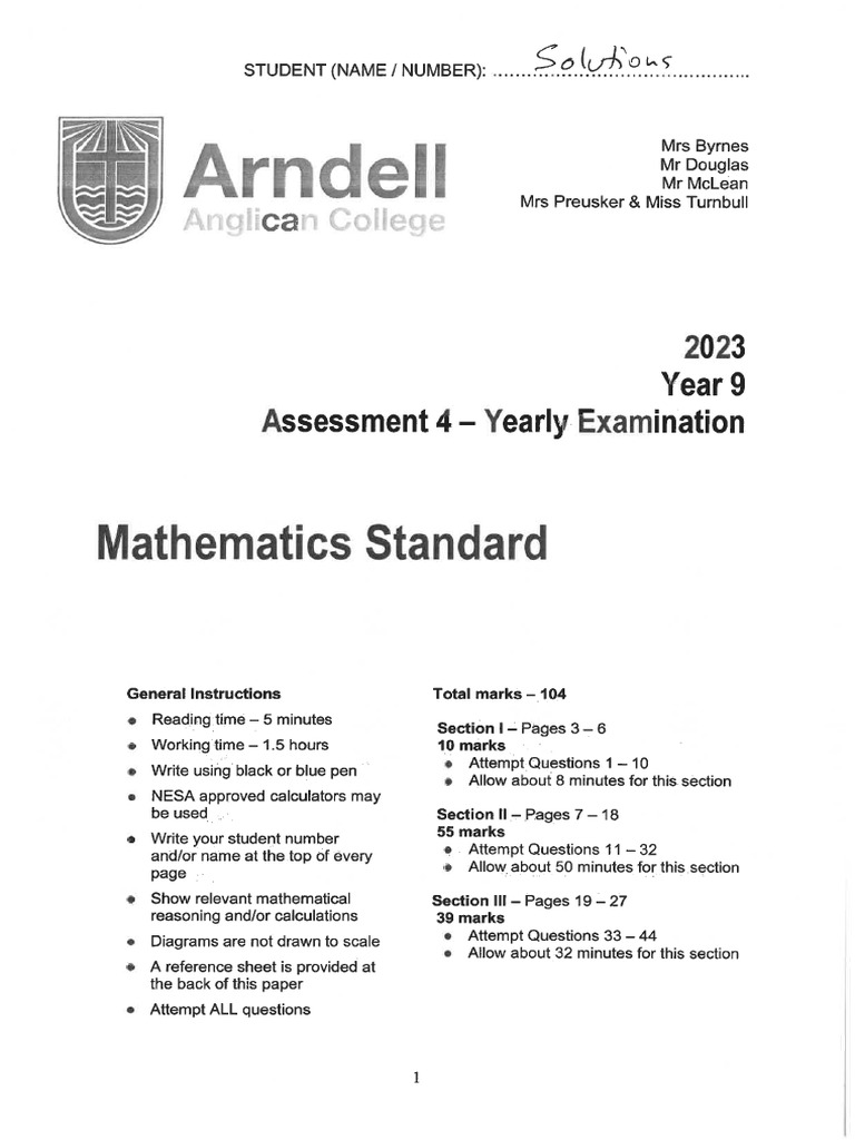 23 Yr9 Maths STD AT4 TEST SOLNS | PDF