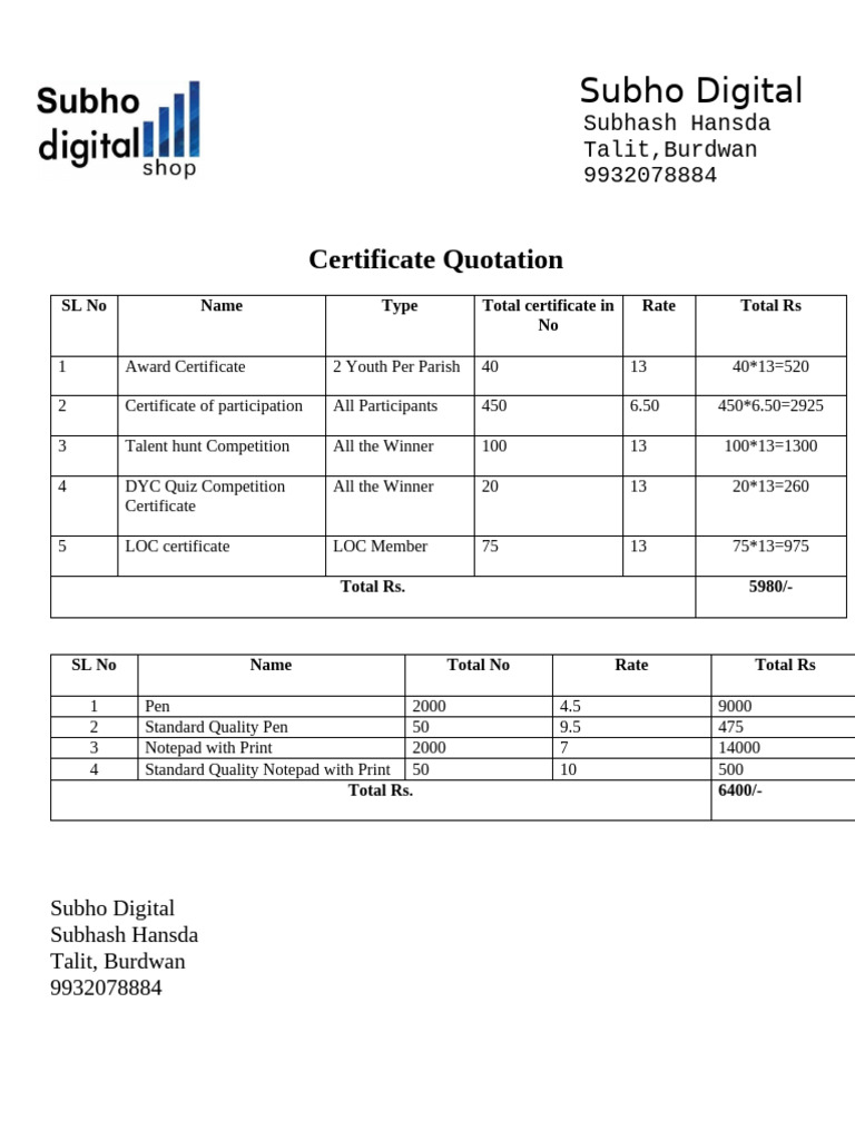 Quotation for Certificate Printing | PDF