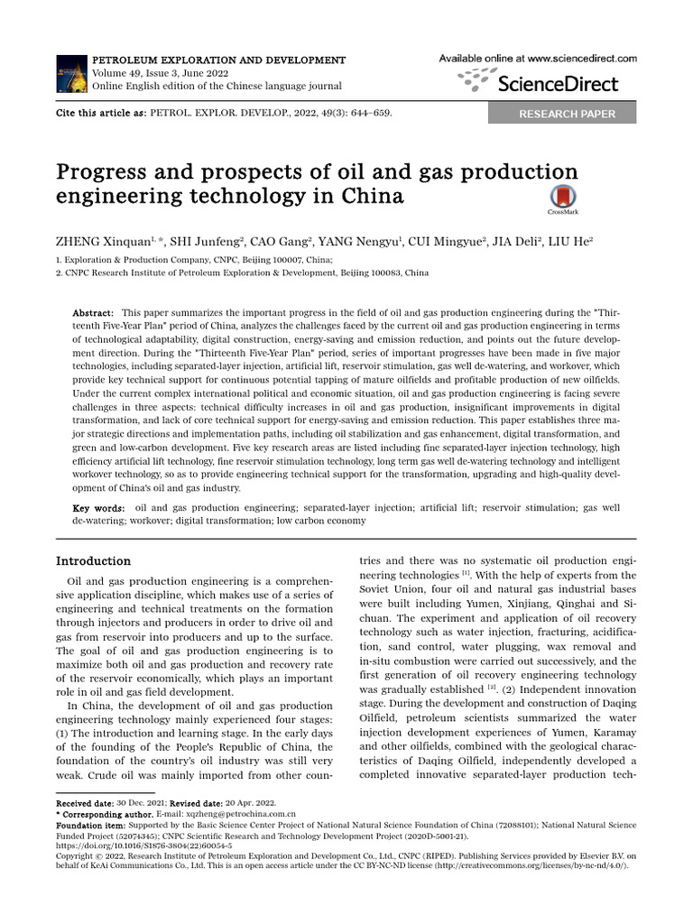 Progress and Prospects of Oil and Gas Production Engineering Technology ...
