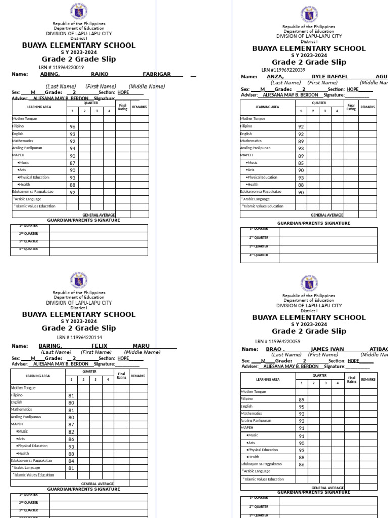Grade 2 Report Card - Buaya Elementary | PDF | Philippines | Linguistics
